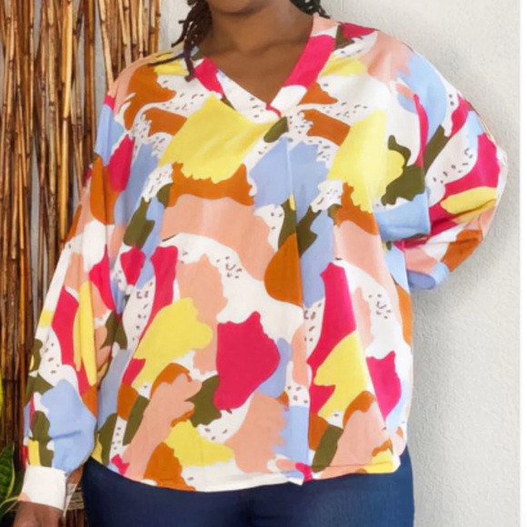 Eloquii Elements • Abstract Print Blouse w/Ruched Sleeves • Sz 24 • NEW! - Picture 1 of 11